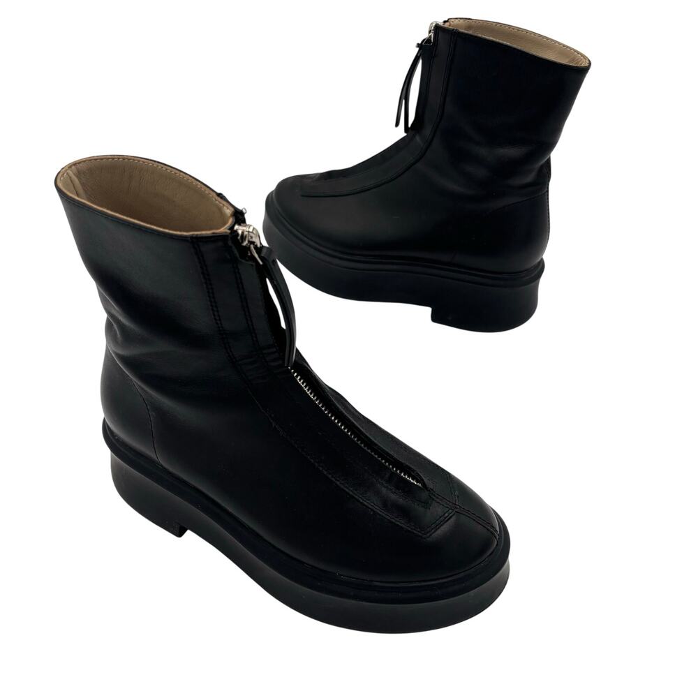 The Row Black Leather Combat Front Zippered Platform Ankle Boots Size EU 37 US 7